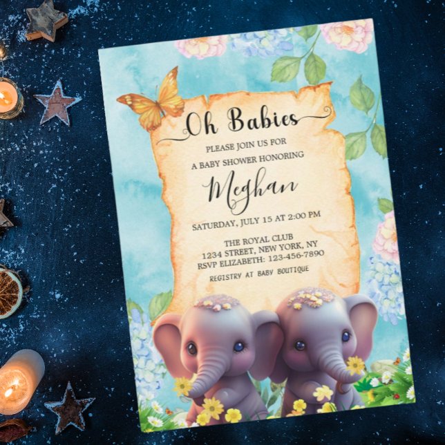 Cute Elephant Twins Baby Shower Blue Floral Invitation (Creator Uploaded)