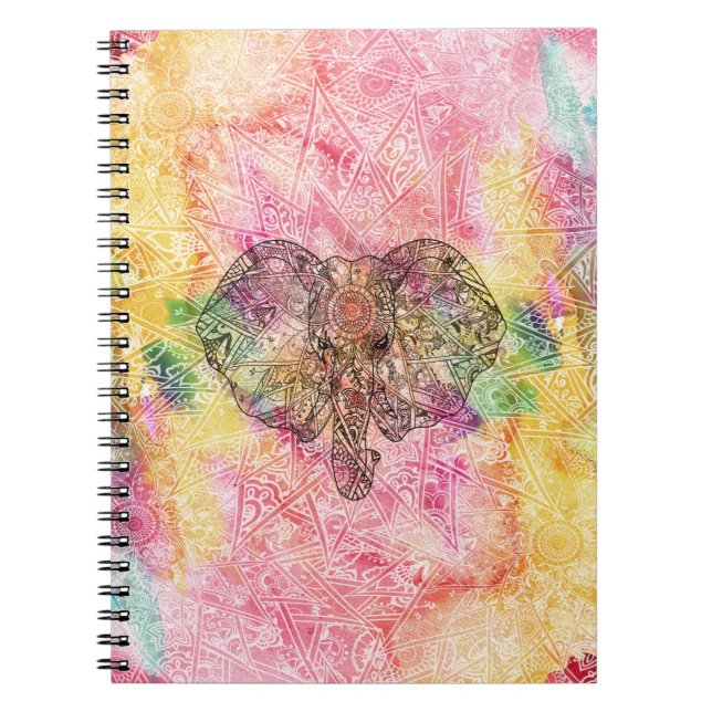 Cute Elephant Watecolor hand drawn Henna floral Notebook (Front)