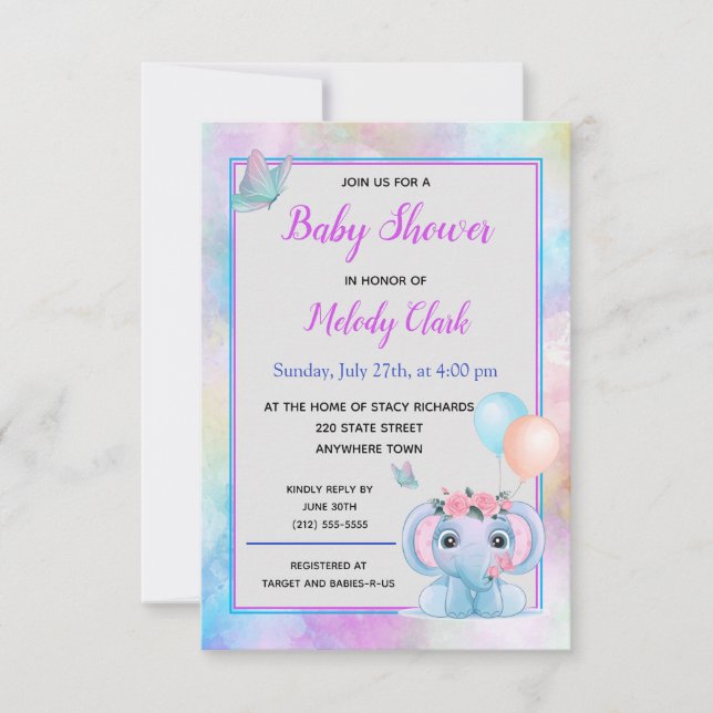 Cute Elephant Watercolor Baby Shower Invitation (Front)
