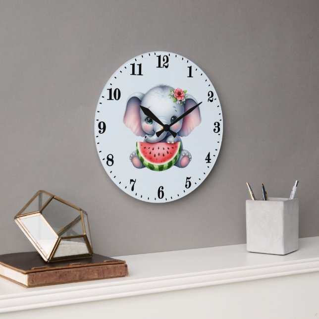 Cute elephant watermelon lovers large clock (Office)