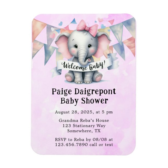 Cute Elephant Welcome Baby Shower Invite Magnet (Vertical)