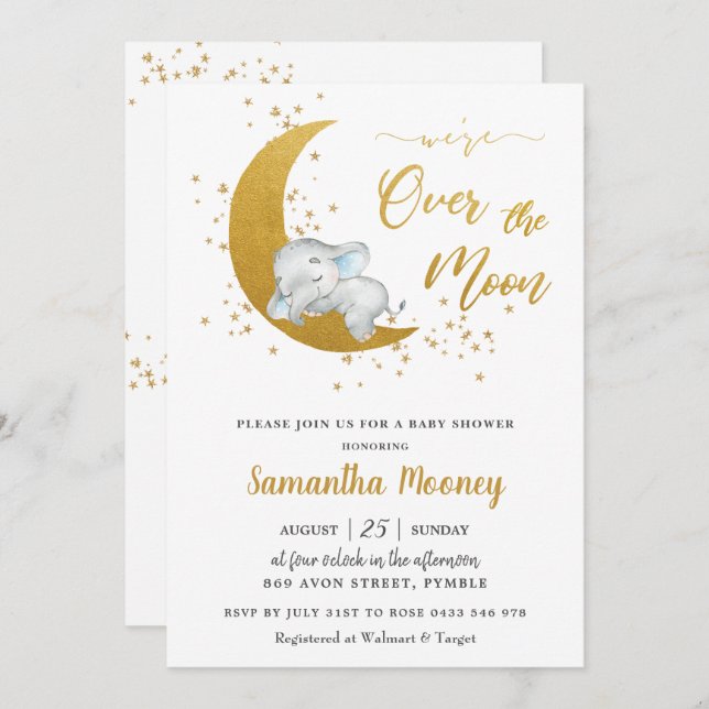 Cute Elephant We're Over the Moon Boy Baby Shower Invitation (Front/Back)