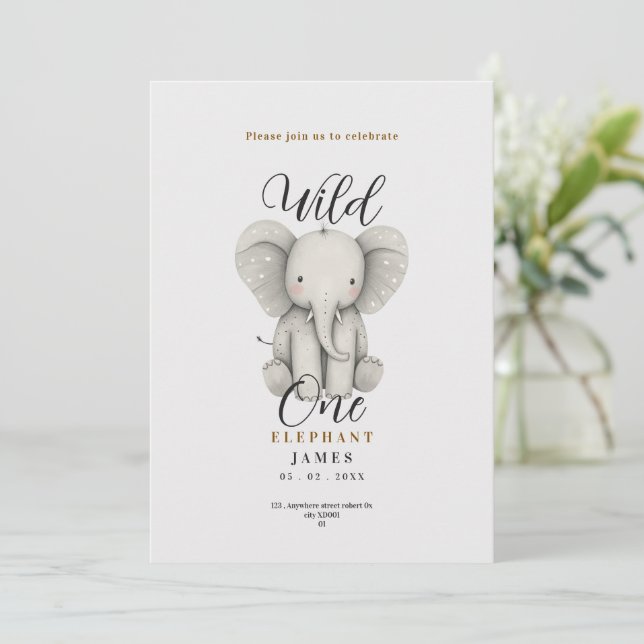 cute elephant wild first one birthday invitation (Standing Front)