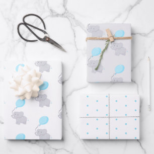 Cute Elephant with Balloon Baby Boy Wrapping Paper Sheet