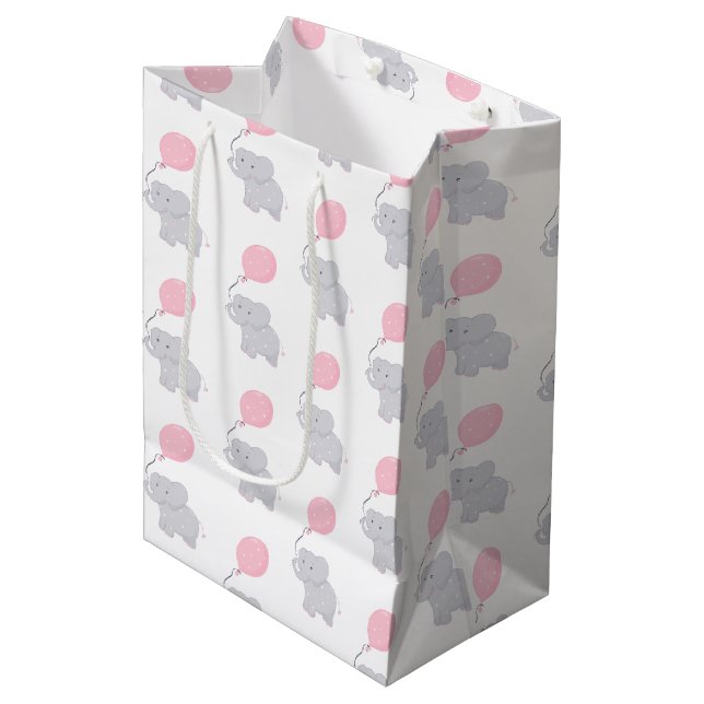 Cute Elephant with Balloon | Baby Girl Medium Gift Bag (Front Angled)