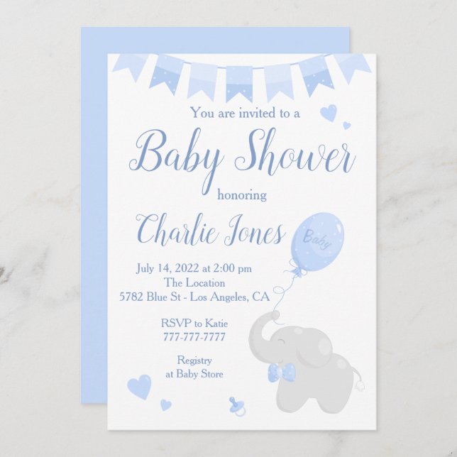 Cute Elephant with Balloon Baby Shower Boy Invitation (Front/Back)