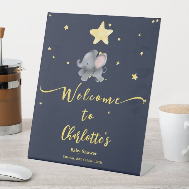 Cute Elephant with Balloon Baby Shower Welcome Pedestal Sign (In SItu)