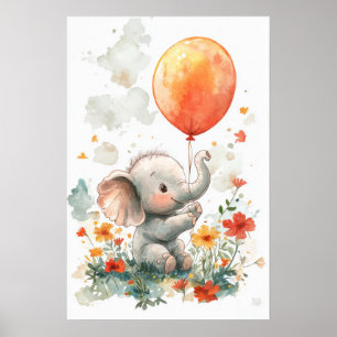 Cute Elephant with Balloon Watercolor Illustration Poster