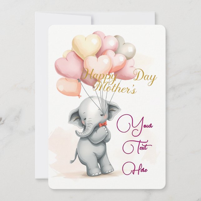 Cute Elephant with Balloons & Personalised Text Holiday Card (Front)
