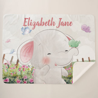 Cute Elephant with Birds Blush Floral Landscape Sherpa Blanket