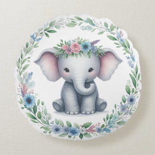 Cute Elephant with Blue Floral Round Cushion
