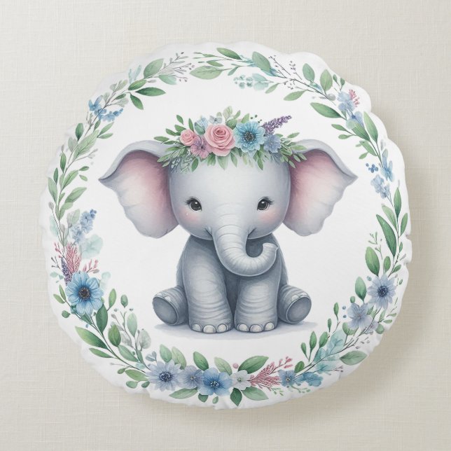 Cute Elephant with Blue Floral Round Cushion (Front)