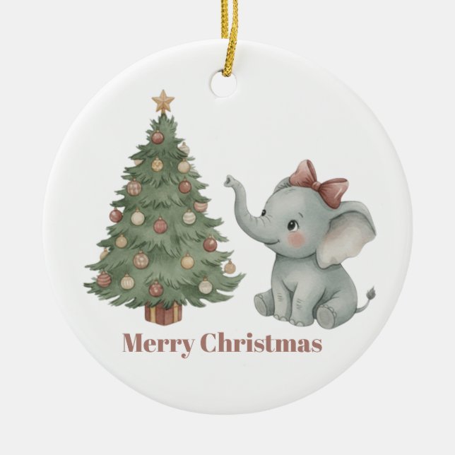 Cute Elephant with Christmas Tree Ornament (Front)