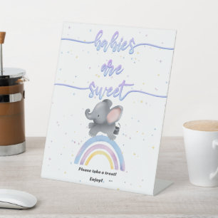 Cute Elephant with Colourful Rainbow Baby Shower Pedestal Sign