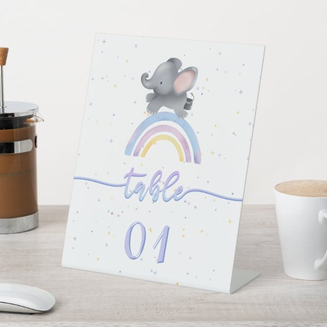 Cute Elephant with Colourful Rainbow Baby Shower Pedestal Sign (In SItu)