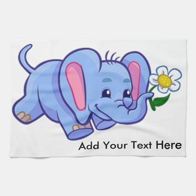Cute Elephant with Flower Jungle Animal Kids Tea Towel (Horizontal)