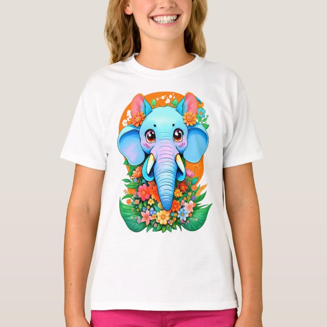 Cute Elephant with Flowers T-Shirt (Front)
