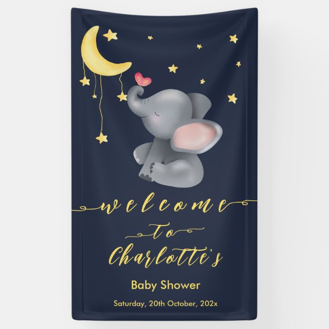 Cute Elephant With Little Butterfly Baby Shower Banner (Vertical)