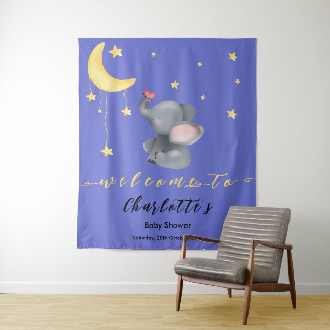 Cute Elephant With Little Butterfly Baby Shower Tapestry (In Situ)