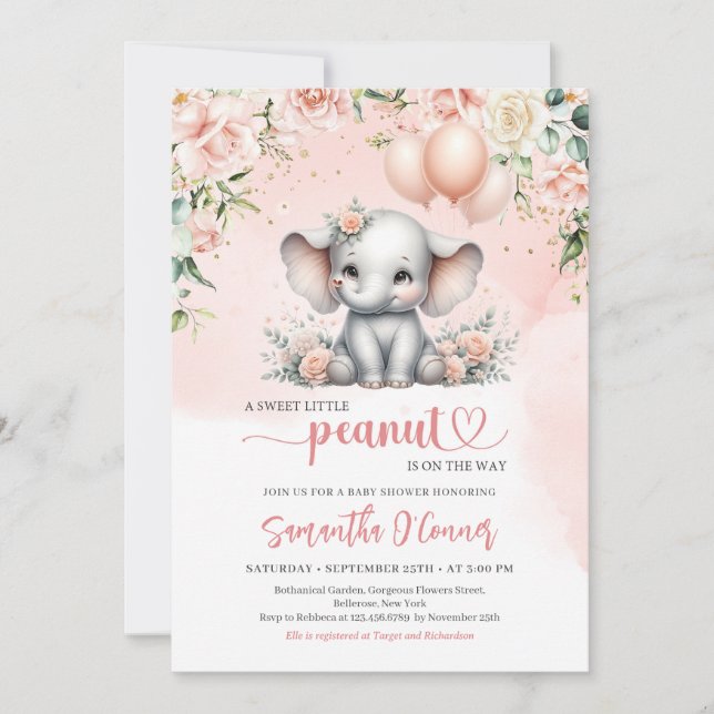 Cute elephant with pink balloons and flowers girl invitation (Front)