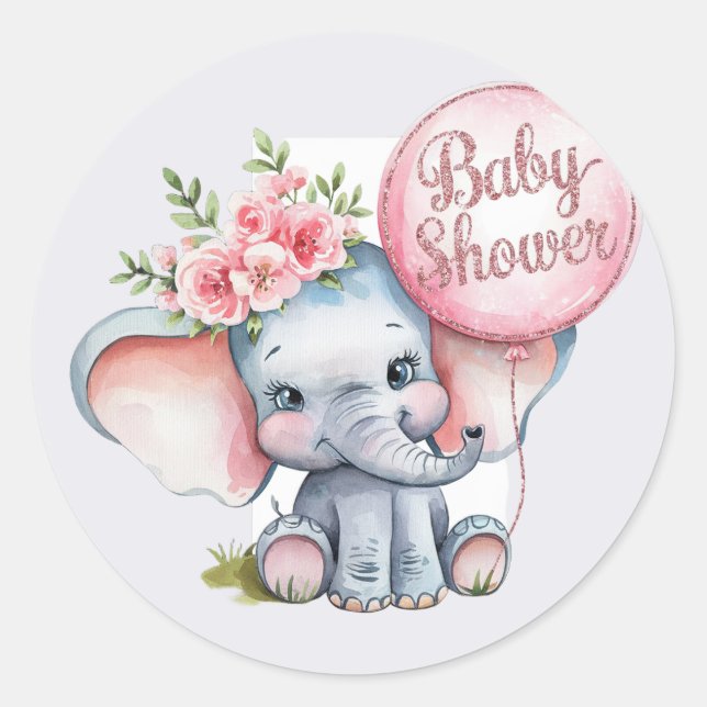 Cute Elephant with Pink Balloons Girl Baby Shower Classic Round Sticker (Front)