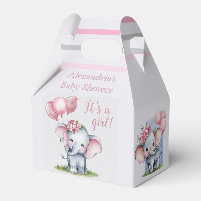 Cute Elephant with Pink Balloons Girl Baby Shower Favour Box (Front Side)