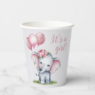 Cute Elephant with Pink Balloons Girl Baby Shower Paper Cups