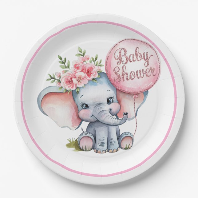Cute Elephant with Pink Balloons Girl Baby Shower Paper Plate (Front)