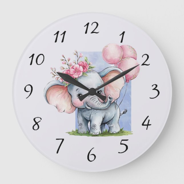 Cute Elephant with Pink Balloons Girl Gift Large Clock (Front)