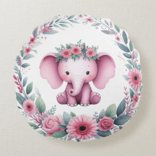Cute Elephant with Pink Floral Round Cushion