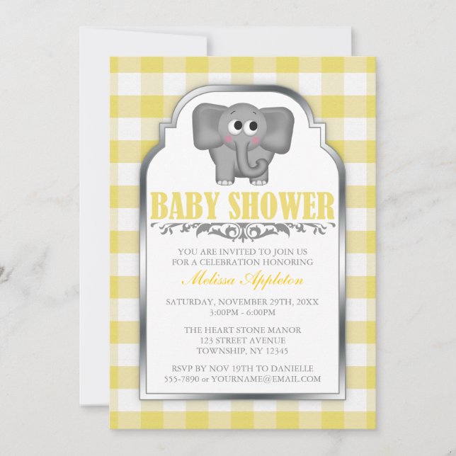 Cute Elephant Yellow Gingham Baby Shower Invitation (Front)