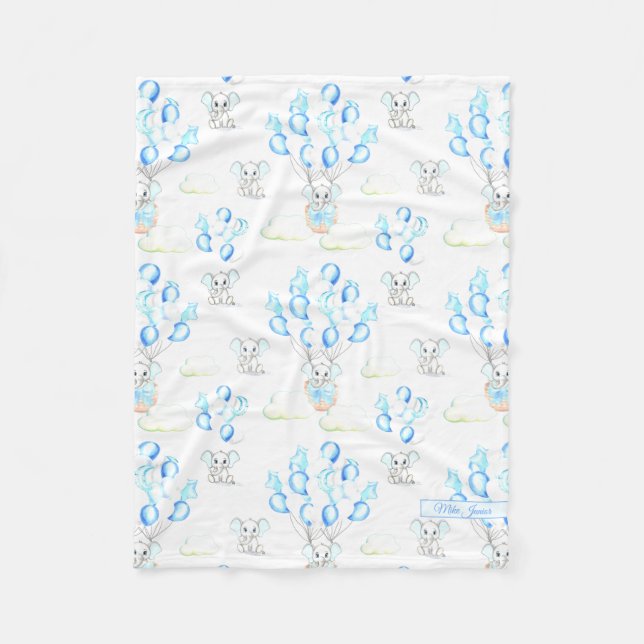 Cute Elephants Balloons & Clouds Baby Boy Pattern Fleece Blanket (Front)