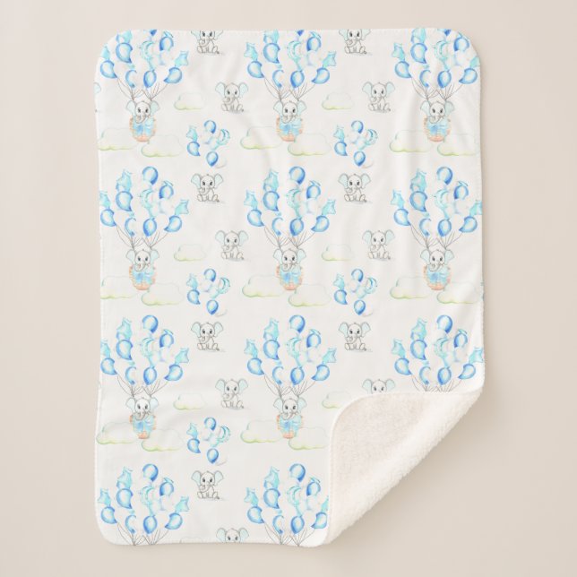 Cute Elephants Balloons & Clouds Baby Boy Pattern Sherpa Blanket (Front)