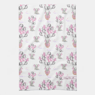 Cute Elephants Balloons & Clouds Baby Girl Tea Towel