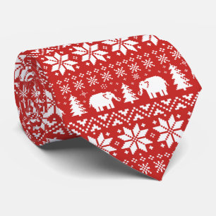 Cute Elephants Christmas Pattern Red and White Tie