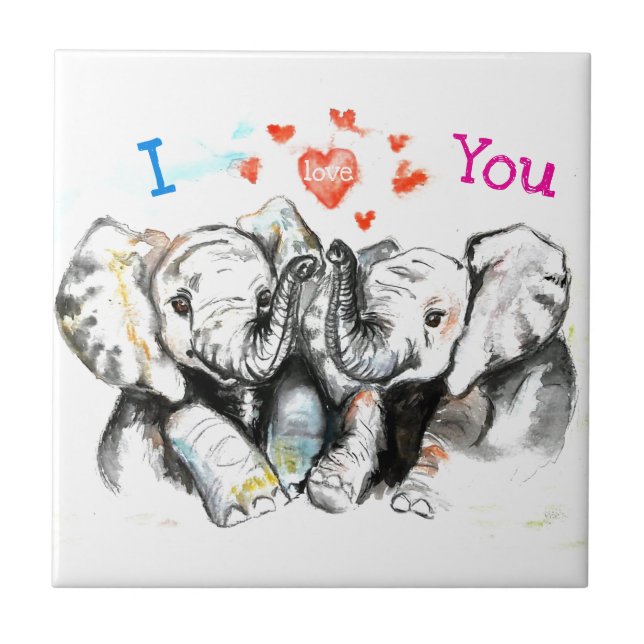 Cute Elephants - I Live You - Watercolor Art Tile (Front)