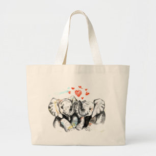 Cute Elephants Romantic Love - Watercolor Painting Large Tote Bag