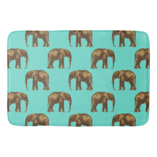 Cute elephants teal and golden brown bath mat