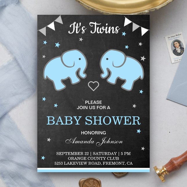 Cute Elephants Twin Boys Baby Shower Invitation (Creator Uploaded)