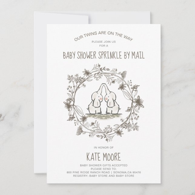 Cute Elephants Twins Baby Shower Sprinkle by Mail Invitation (Front)