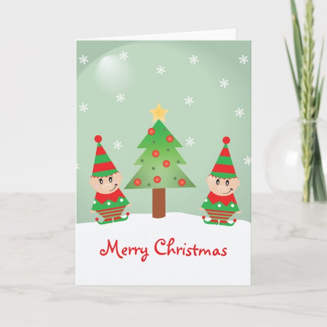 Cute Elf And Christmas Tree With Snowflakes Card (Front)