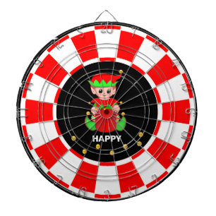 Cute Elf and Gold Confetti on Black Red & White Dartboard
