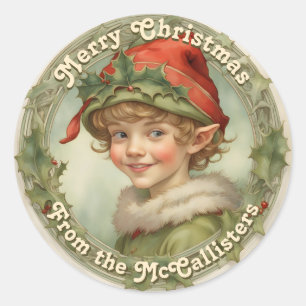 Cute Elf Boy Personalized Merry Christmas Classic Round Sticker