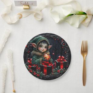 Cute Elf Child in Green Hooded Coat Paper Plate