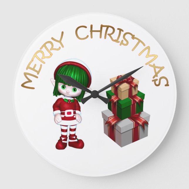 Cute Elf Christmas Large Clock (Front)