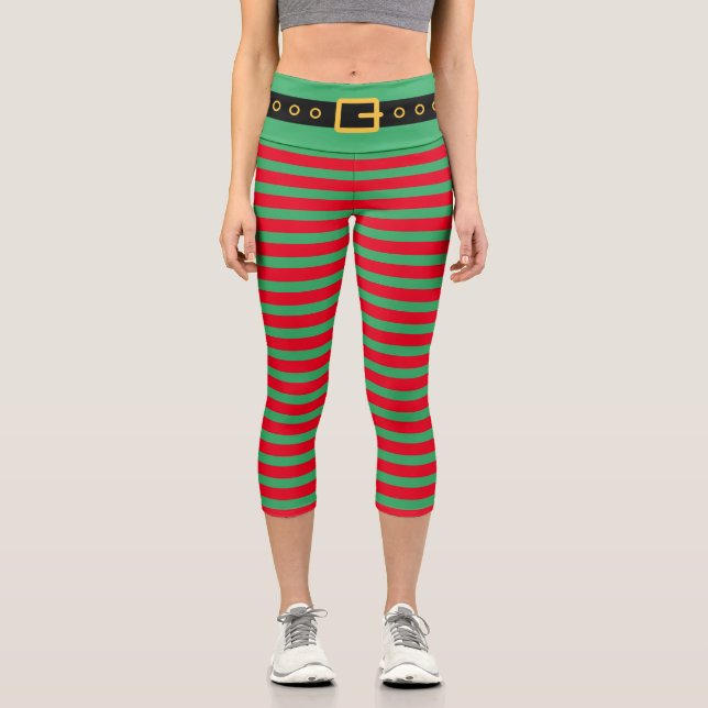 Cute elf costume green striped capri leggings (Front)