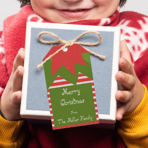 Cute Elf Costume Red Green Family Name Christmas Gift Tags