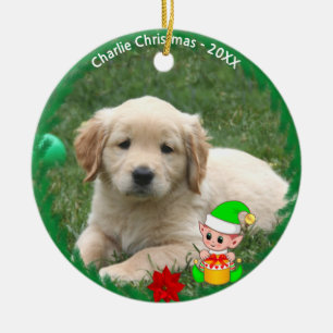 Cute Elf & Custom Golden Retriever Puppy Photo Ceramic Tree Decoration