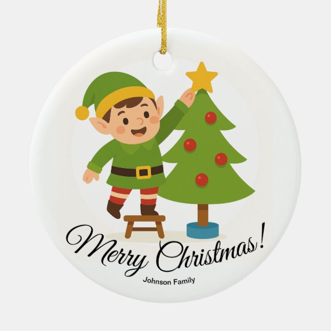 Cute Elf Decorating Tree Personalized Family Name Ceramic Tree Decoration (Back)