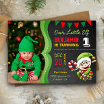 Cute Elf First Christmas Birthday Party Invitation<br><div class="desc">Amaze your guests with this cool birthday party invite featuring a cute elf holding a candy cane with modern typography against a chalkboard background. Simply add your event details on this easy-to-use template and adorn this card with your child's favourite photo to make it a one-of-a-kind invitation. Flip the card...</div>